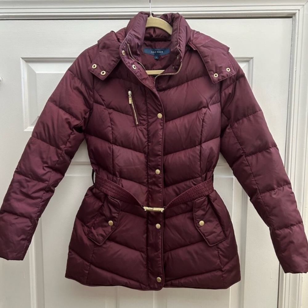 Cole Haan Belted Down Winter Jacket, hip length with gold accents